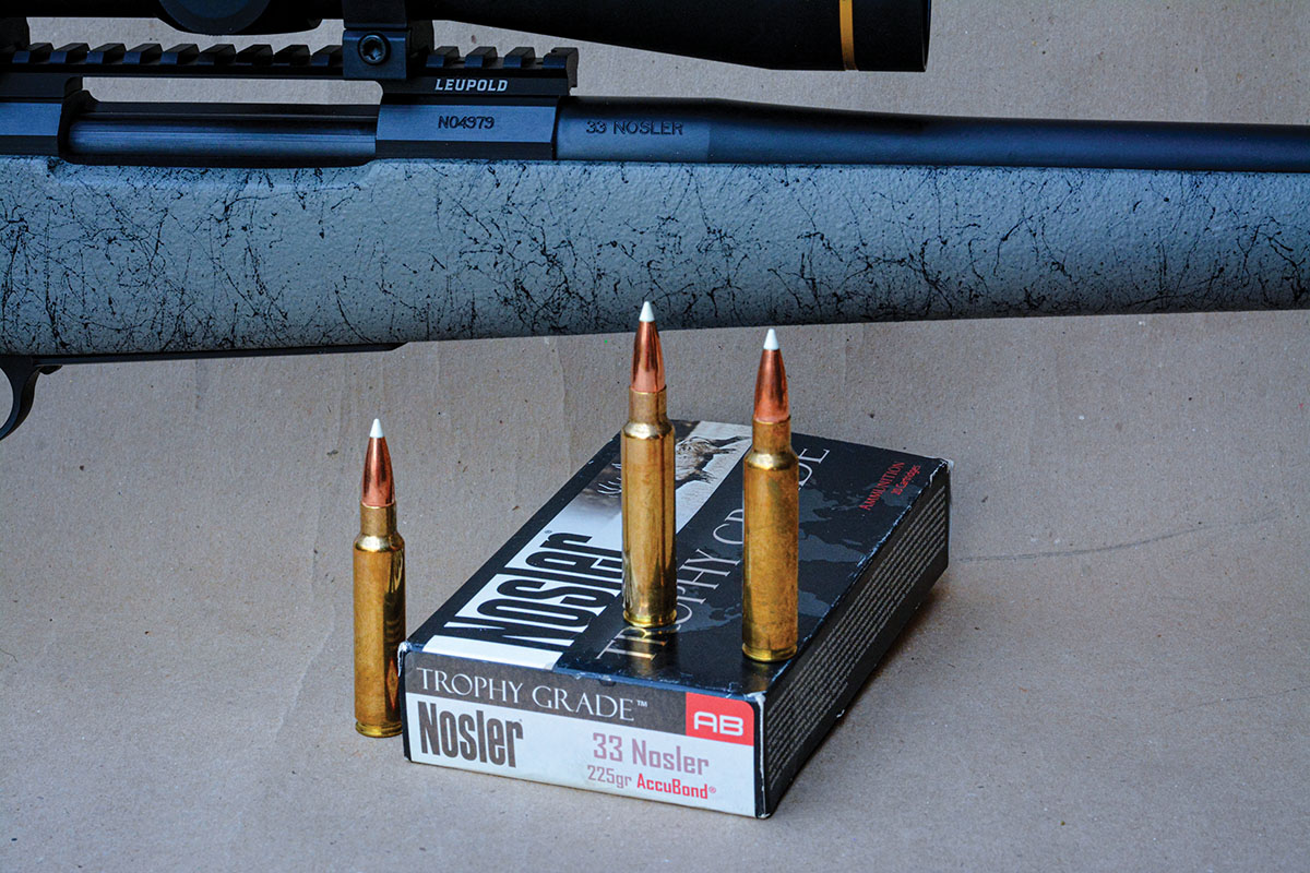 The 33 Nosler is a modern powerhouse with a beltless case, offering unusual efficiency and functioning in standard 30-06 length actions.